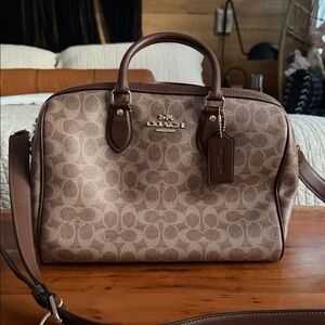 Coach Tan and Brown Signature Canvas Large Rowan Handbag